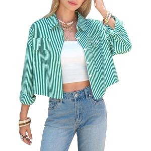 image:imageEXLURA Womens 100 Cotton Striped Cropped Button Down Shirt Long Sleeve Blouse Summer Casual Collared Crop Tops with PocketsGreen