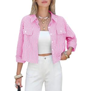 image:imageEXLURA Womens 100 Cotton Striped Cropped Button Down Shirt Long Sleeve Blouse Summer Casual Collared Crop Tops with PocketsPink
