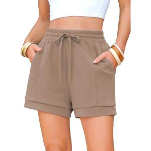 image:imageEXLURA Womens Casual Cotton Sweat Shorts Elastic Drawstring Dolphin Short Summer High Waist Workout Lounge Short with PocketsBrown