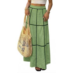 image:imageEXLURA Womens Faux Linen Boho Maxi Skirt Grid High Waist Long Flowy Skirts Summer Beach Vacation Resort Wear with PocketsGreen