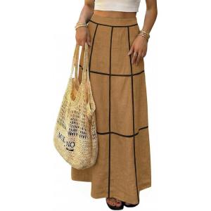 image:imageEXLURA Womens Faux Linen Boho Maxi Skirt Grid High Waist Long Flowy Skirts Summer Beach Vacation Resort Wear with PocketsLight Brown