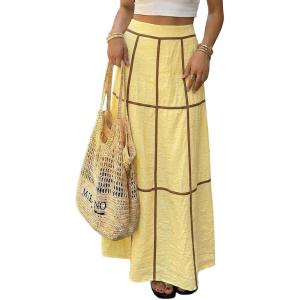 image:imageEXLURA Womens Faux Linen Boho Maxi Skirt Grid High Waist Long Flowy Skirts Summer Beach Vacation Resort Wear with PocketsYellow