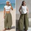 image:imageEXLURA Womens Faux Linen Wide Leg Boho Pants Summer Palazzo Casual Loose Elastic Waist Baggy Trousers Beach Vacation PocketsArmy Green