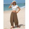 image:imageEXLURA Womens Faux Linen Wide Leg Boho Pants Summer Palazzo Casual Loose Elastic Waist Baggy Trousers Beach Vacation PocketsCoffee