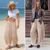 image:imageEXLURA Womens Faux Linen Wide Leg Boho Pants Summer Palazzo Casual Loose Elastic Waist Baggy Trousers Beach Vacation PocketsKhaki