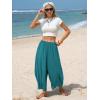 image:imageEXLURA Womens Faux Linen Wide Leg Boho Pants Summer Palazzo Casual Loose Elastic Waist Baggy Trousers Beach Vacation PocketsLake Blue
