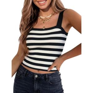 image:imageEXLURA Women Faux Cashmere Crop Top Striped Knit Tank Top Square Neck Camisole Summer Lightweight Sweater Y2K Going Out TopsBlack White Stripe