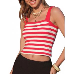 image:imageEXLURA Women Faux Cashmere Crop Top Striped Knit Tank Top Square Neck Camisole Summer Lightweight Sweater Y2K Going Out TopsRed White Stripe
