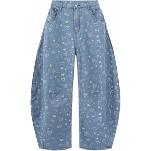 image:imageEXLURA Womens Barrel Jeans Wide Leg Y2K Boyfriend Denim Pants Hip Hop Vintage Baggy Jeans Cotton MidLow Elastic Waist PantsLight Blue Hearts