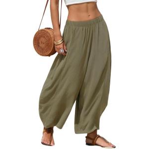 image:imageEXLURA Womens Faux Linen Wide Leg Boho Pants Summer Palazzo Casual Loose Elastic Waist Baggy Trousers Beach Vacation PocketsArmy Green