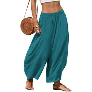 image:imageEXLURA Womens Faux Linen Wide Leg Boho Pants Summer Palazzo Casual Loose Elastic Waist Baggy Trousers Beach Vacation PocketsLake Blue