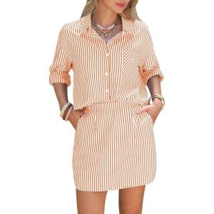 image:imageEXLURA Womens Summer 2 Piece Sets 100 Cotton Striped Long Sleeve Button Shirts Matching Skirt Beach Vacation Outfits 2026Orange