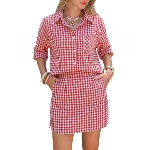 image:imageEXLURA Womens Summer 2 Piece Sets 100 Cotton Striped Long Sleeve Button Shirts Matching Skirt Beach Vacation Outfits 2026Red White Plaid
