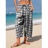 image:imageEXLURA Womens Cotton Faux Linen Gingham Barrel Capri Pants Plaid Palazzo Trousers Harem Pants Pockets Summer Beach VacationBlack White Plaid
