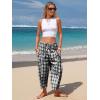 image:imageEXLURA Womens Cotton Faux Linen Gingham Barrel Capri Pants Plaid Palazzo Trousers Harem Pants Pockets Summer Beach VacationBlack White Plaid