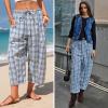 image:imageEXLURA Womens Cotton Faux Linen Gingham Barrel Capri Pants Plaid Palazzo Trousers Harem Pants Pockets Summer Beach VacationBlue White Plaid