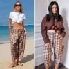 image:imageEXLURA Womens Cotton Faux Linen Gingham Barrel Capri Pants Plaid Palazzo Trousers Harem Pants Pockets Summer Beach VacationBrown Plaid