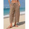 image:imageEXLURA Womens Cotton Faux Linen Gingham Barrel Capri Pants Plaid Palazzo Trousers Harem Pants Pockets Summer Beach VacationCoffee Plaid