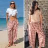 image:imageEXLURA Womens Cotton Faux Linen Gingham Barrel Capri Pants Plaid Palazzo Trousers Harem Pants Pockets Summer Beach VacationPink White Plaid