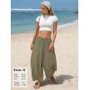 image:imageEXLURA Womens Faux Linen Wide Leg Boho Flowy Pants Summer Palazzo Casual Elastic Waist Baggy Trousers Beach Vacation PocketsArmy Green