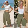 image:imageEXLURA Womens Faux Linen Wide Leg Boho Flowy Pants Summer Palazzo Casual Elastic Waist Baggy Trousers Beach Vacation PocketsArmy Green