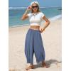 image:imageEXLURA Womens Faux Linen Wide Leg Boho Flowy Pants Summer Palazzo Casual Elastic Waist Baggy Trousers Beach Vacation PocketsBlue