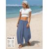 image:imageEXLURA Womens Faux Linen Wide Leg Boho Flowy Pants Summer Palazzo Casual Elastic Waist Baggy Trousers Beach Vacation PocketsBlue