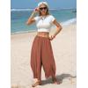 image:imageEXLURA Womens Faux Linen Wide Leg Boho Flowy Pants Summer Palazzo Casual Elastic Waist Baggy Trousers Beach Vacation PocketsCaramel