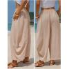image:imageEXLURA Womens Faux Linen Wide Leg Boho Flowy Pants Summer Palazzo Casual Elastic Waist Baggy Trousers Beach Vacation PocketsKhaki