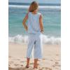 image:imageEXLURA Womens Summer 100 Cotton 2 Piece Outfits Striped Sleeveless Top Capri Wide Leg Pants Sets Faux Linen Travel BeachBlue