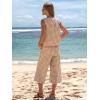 image:imageEXLURA Womens Summer 100 Cotton 2 Piece Outfits Striped Sleeveless Top Capri Wide Leg Pants Sets Faux Linen Travel BeachBrown White Plaid