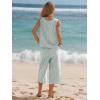 image:imageEXLURA Womens Summer 100 Cotton 2 Piece Outfits Striped Sleeveless Top Capri Wide Leg Pants Sets Faux Linen Travel BeachGreen