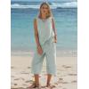 image:imageEXLURA Womens Summer 100 Cotton 2 Piece Outfits Striped Sleeveless Top Capri Wide Leg Pants Sets Faux Linen Travel BeachGreen