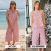 image:imageEXLURA Womens Summer 100 Cotton 2 Piece Outfits Striped Sleeveless Top Capri Wide Leg Pants Sets Faux Linen Travel BeachRed