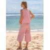 image:imageEXLURA Womens Summer 100 Cotton 2 Piece Outfits Striped Sleeveless Top Capri Wide Leg Pants Sets Faux Linen Travel BeachRed
