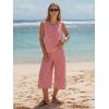 image:imageEXLURA Womens Summer 100 Cotton 2 Piece Outfits Striped Sleeveless Top Capri Wide Leg Pants Sets Faux Linen Travel BeachRed White Plaid