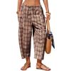 image:imageEXLURA Womens Cotton Faux Linen Gingham Barrel Capri Pants Plaid Palazzo Trousers Harem Pants Pockets Summer Beach VacationBrown Plaid