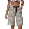 image:imageEXLURA Womens Faux Linen Striped Bermuda Shorts Casual Drawstring Elastic Waist Summer Vacation Beach Shorts with PocketsBlack