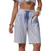 image:imageEXLURA Womens Faux Linen Striped Bermuda Shorts Casual Drawstring Elastic Waist Summer Vacation Beach Shorts with PocketsDeep Blue