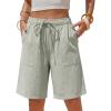 image:imageEXLURA Womens Striped Bermuda Shorts Casual Cotton Linen Shorts Elastic Drawstring Summer Beach Vacation Shorts PocketsGrey Green