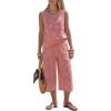 image:imageEXLURA Womens Summer 100 Cotton 2 Piece Outfits Striped Sleeveless Top Capri Wide Leg Pants Sets Faux Linen Travel BeachRed White Plaid