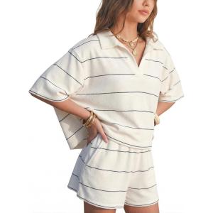 image:imageEXLURA Women Summer 2 Piece Outfits Faux Cashmere Sweater Knit Oversized Polo V Neck Top Matching Shorts Vacation Lounge SetsBeige