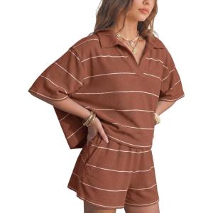 image:imageEXLURA Women Summer 2 Piece Outfits Faux Cashmere Sweater Knit Oversized Polo V Neck Top Matching Shorts Vacation Lounge SetsCaramel