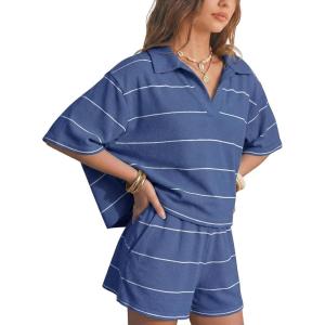 image:imageEXLURA Women Summer 2 Piece Outfits Faux Cashmere Sweater Knit Oversized Polo V Neck Top Matching Shorts Vacation Lounge SetsDeep Blue