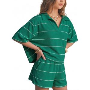 image:imageEXLURA Women Summer 2 Piece Outfits Faux Cashmere Sweater Knit Oversized Polo V Neck Top Matching Shorts Vacation Lounge SetsGreen