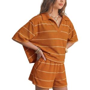 image:imageEXLURA Women Summer 2 Piece Outfits Faux Cashmere Sweater Knit Oversized Polo V Neck Top Matching Shorts Vacation Lounge SetsOrange