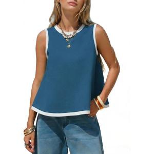 image:imageEXLURA Women Summer Sleeveless Tops 2026 Casual Cotton Tank Tops Color Block Crewneck Blouses Going Out T Shirts Beach TravelNavy Blue