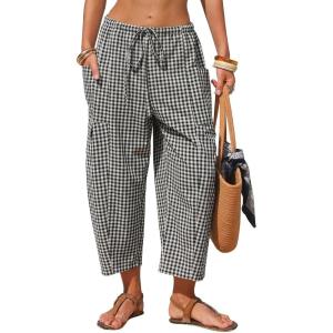 image:imageEXLURA Womens Cotton Faux Linen Gingham Barrel Capri Pants Plaid Palazzo Trousers Harem Pants Pockets Summer Beach VacationBlack Plaid