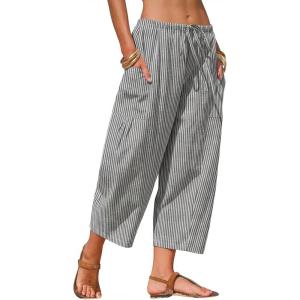 image:imageEXLURA Womens Cotton Faux Linen Gingham Barrel Capri Pants Plaid Palazzo Trousers Harem Pants Pockets Summer Beach VacationBlack Stripe