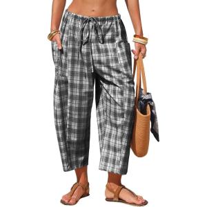 image:imageEXLURA Womens Cotton Faux Linen Gingham Barrel Capri Pants Plaid Palazzo Trousers Harem Pants Pockets Summer Beach VacationBlack White Plaid